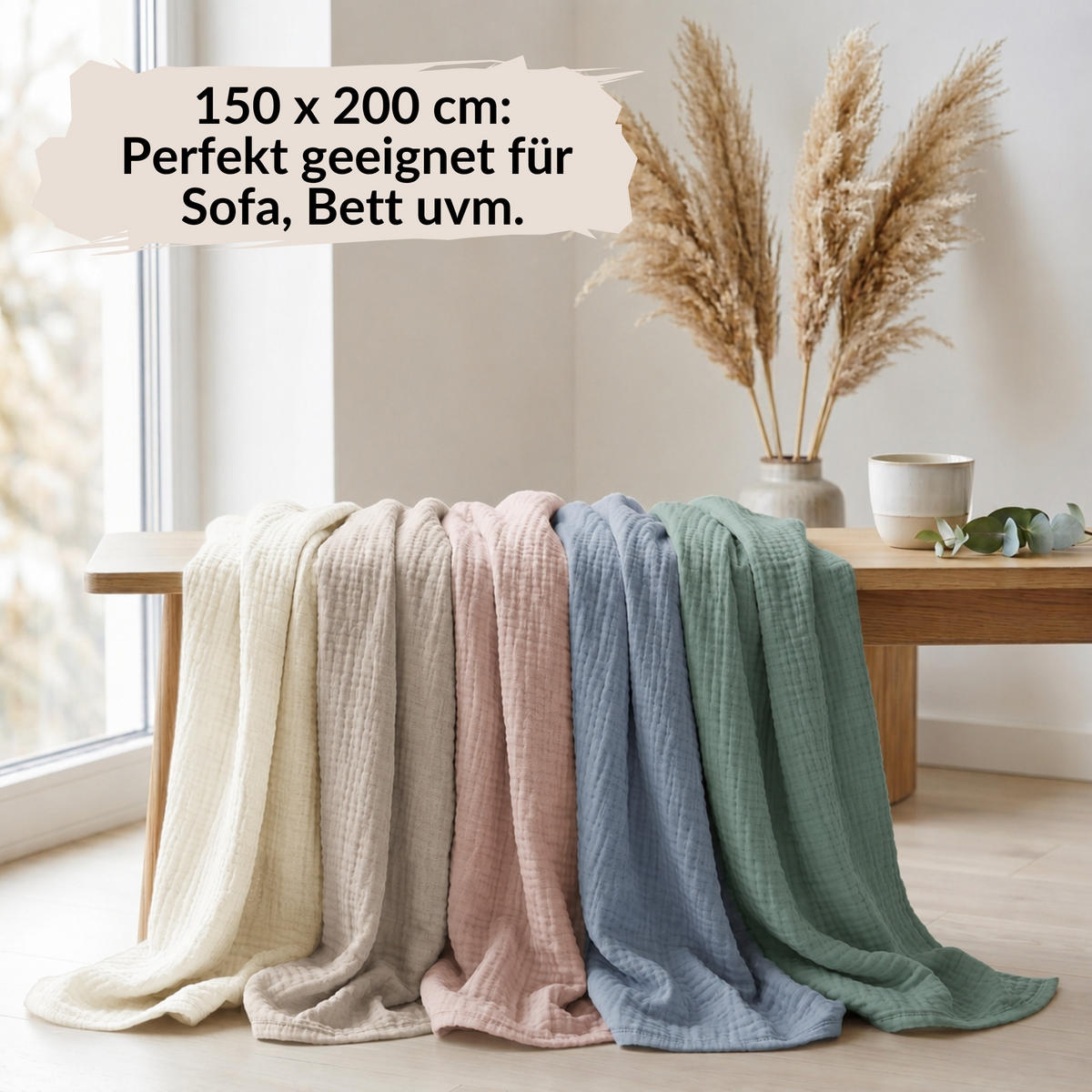 WOHNDECKE Musselin 150 x 200 cm, Leichte Kuscheldecke aus 100% Baumwolle - Nutzbar als Tagesdecke, Plaid oder Decke für Sofa, Couch & Bett - Blau - Blau, Textil (150/200cm) - Carpe Sonno