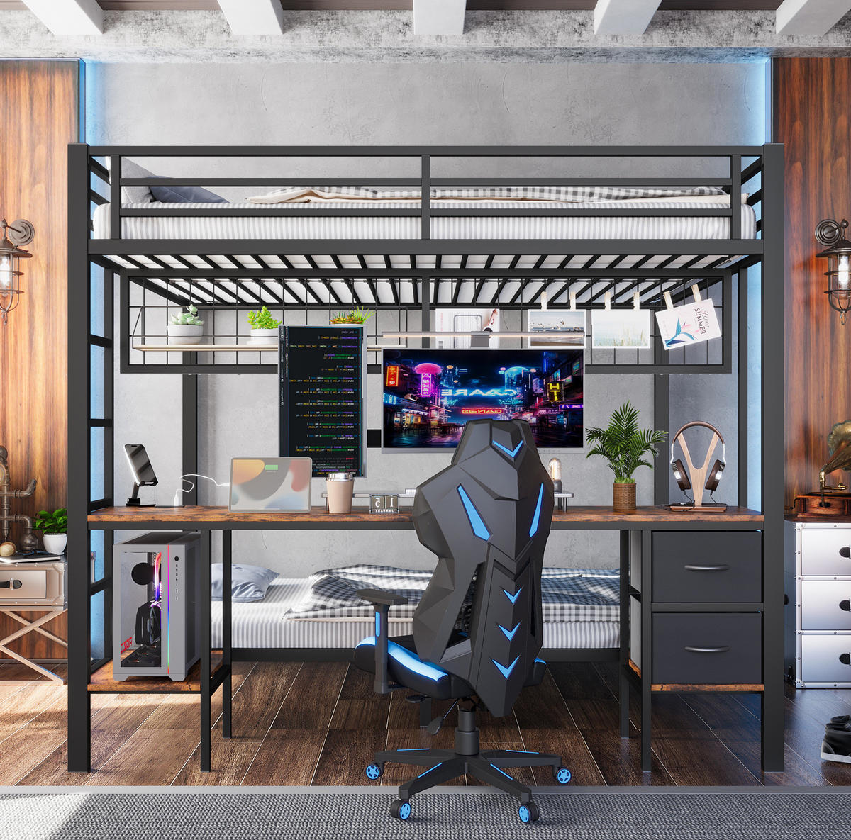 HOCHBETT aus Metall 140x200 cm Schwarz mit Schreibtisch, Schubladen, Ablagen, Hängegitter, LED-Leiste und USB-Anschluss - Schwarz, Metall (90/200cm) - Modfu