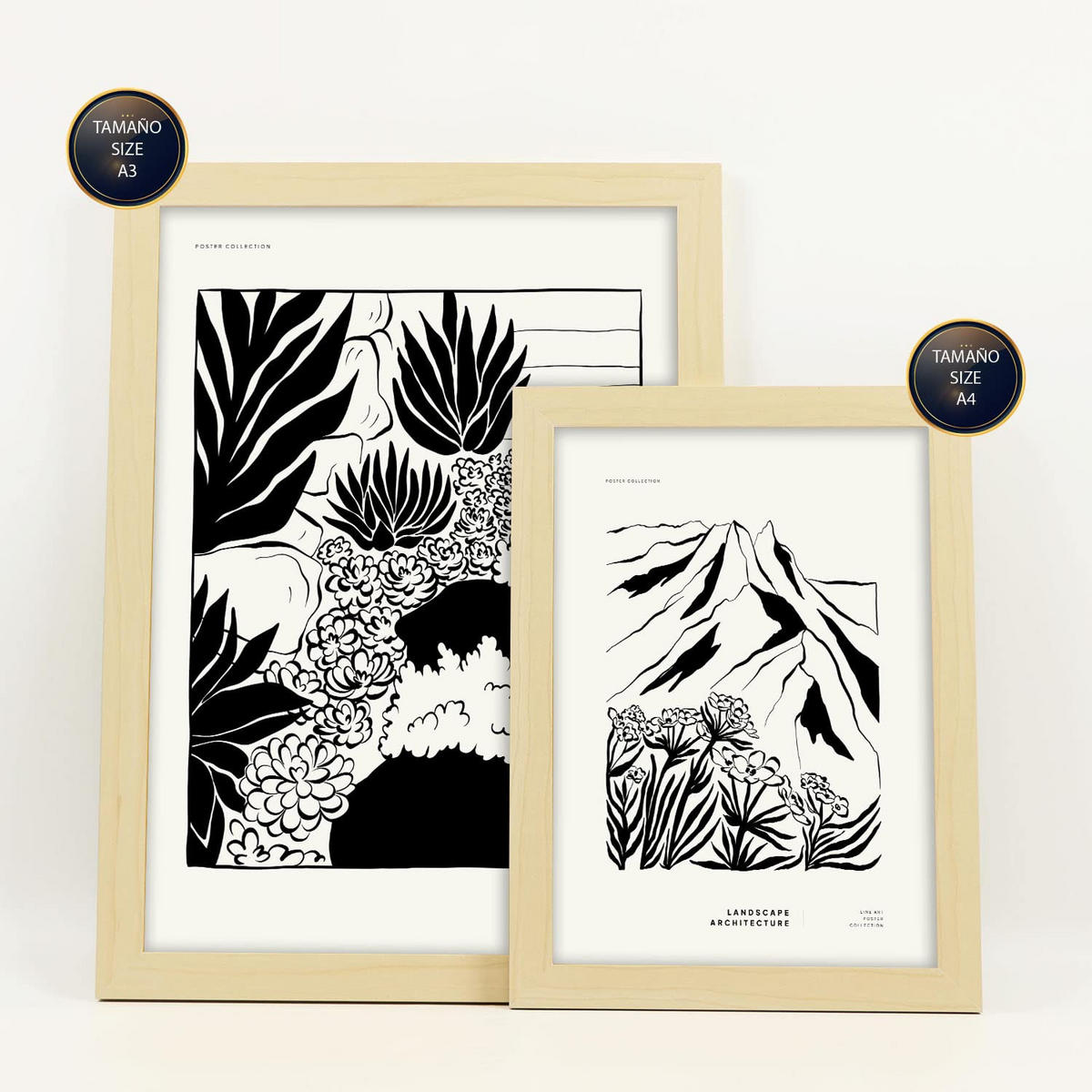POSTER Set Mit 6 Sukkulentengarten mit schwarzer Tinte Größe A3 & A4 Rahmen aus hellem Holz - Beige, Papier (29.7/1cm) - Nacnic