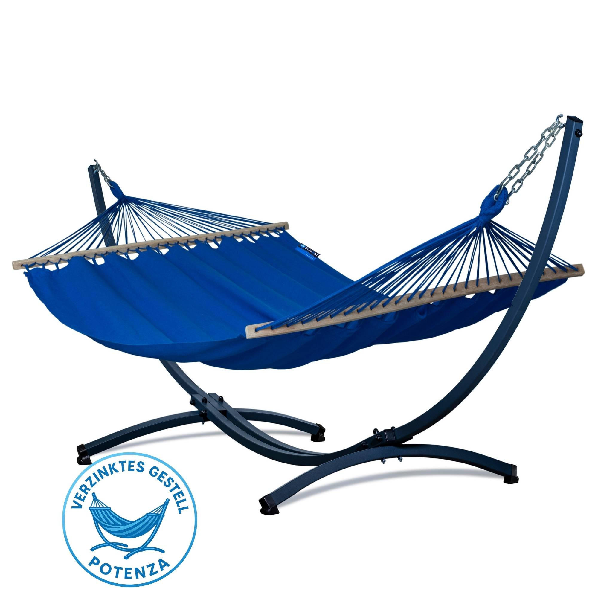 HÄNGEMATTE mit Verzinktem Gestell, 2 Personen, Stabhängematte, XXL, 200 kg, Metall, Merida Blau, einfache Montage - Blau, Metall (370/130/120cm) - Potenza