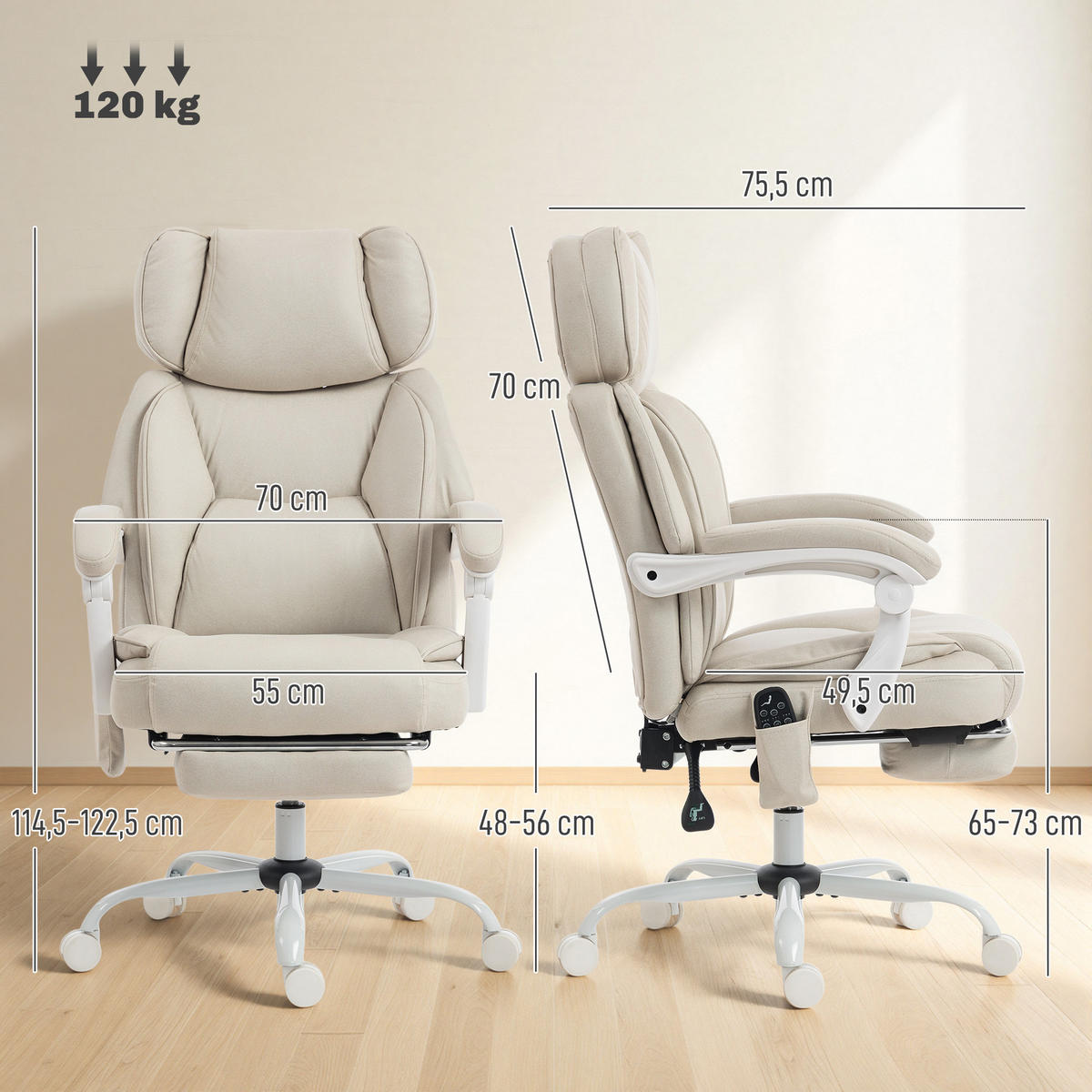 BÜROSTUHL Kunstleder Cremeweiß - Creme/Weiß, Kunststoff/Textil (75.5/122.5/70cm) - HOMCOM