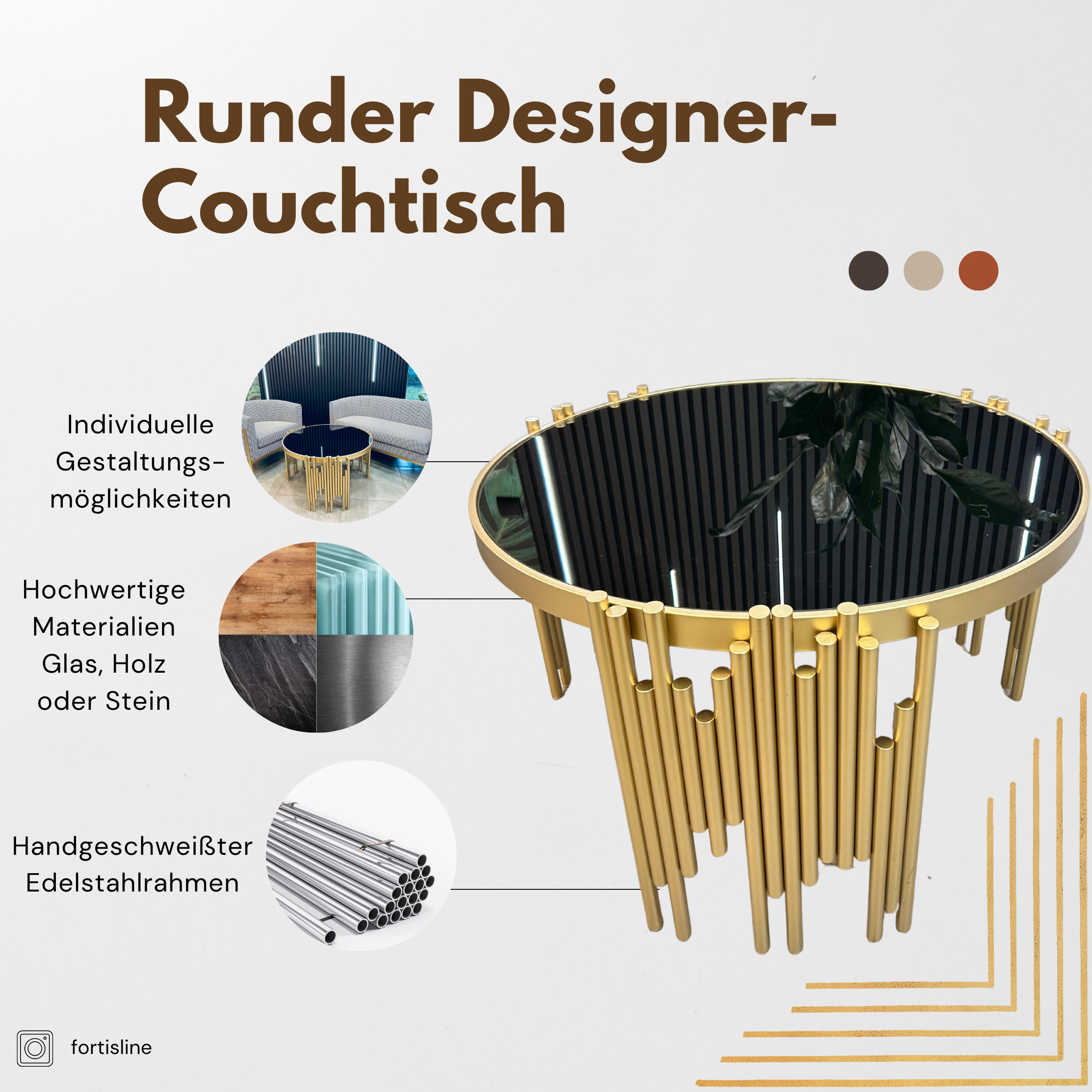 DESIGNER-COUCHTISCH Rund – Skulpturales Design trifft maßgefertigte Handwerkskunst - Goldfarben, Metall (91/91/45cm) - Fortisline