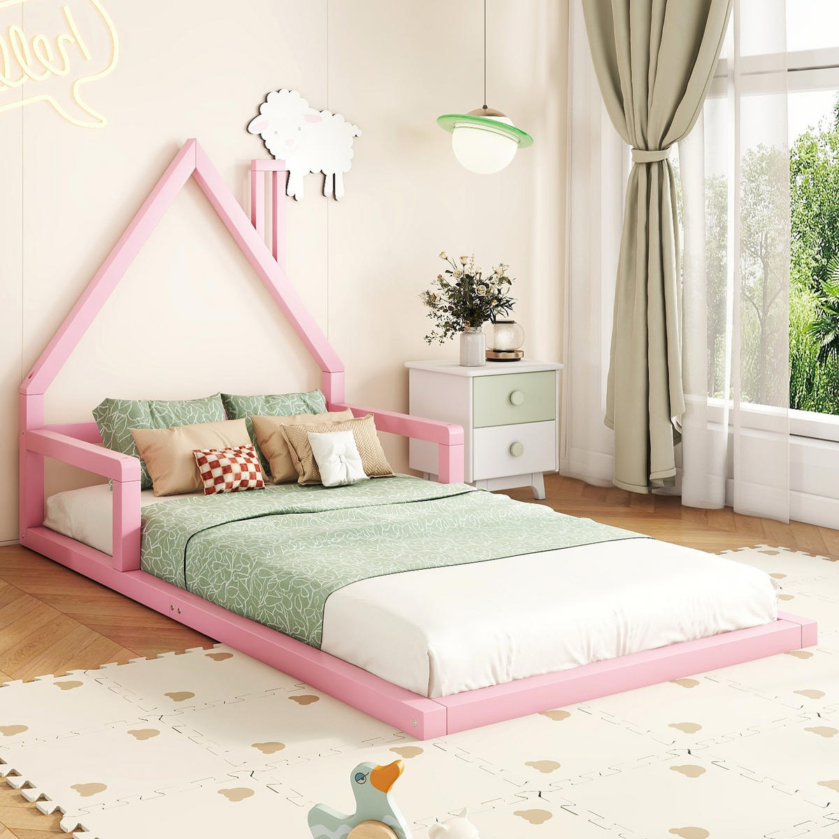 KINDERBETT 90x200cm Rosa Kiefer Flachbett Hausform - Pink, Holz (90/200cm) - FLIEKS