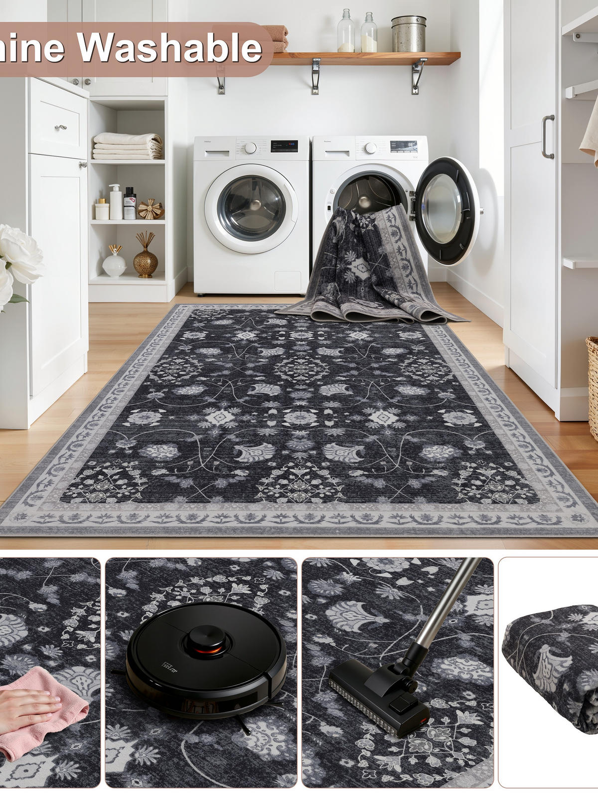 TEPPICH Kurzflor, waschbar, mit floralen Ornamenten, VERNANTE in Schwarz-Creme-Grau, 120 x 170 cm - Schwarz, Textil (120/170cm) - KADIMA DESIGN