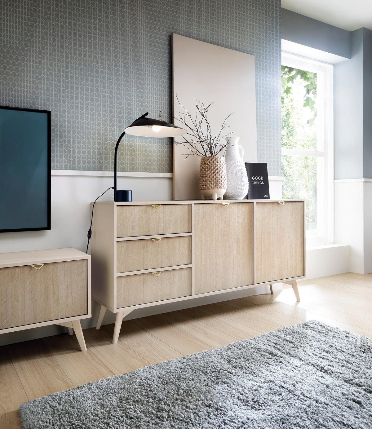 KOMMODE : Sandbeige/Skandi-Fischgrätmuster, Sandbeige Holzbeine, 158 x 80 x 38cm - Beige, Holzwerkstoff (158/80/38cm) - 3XE LIVING