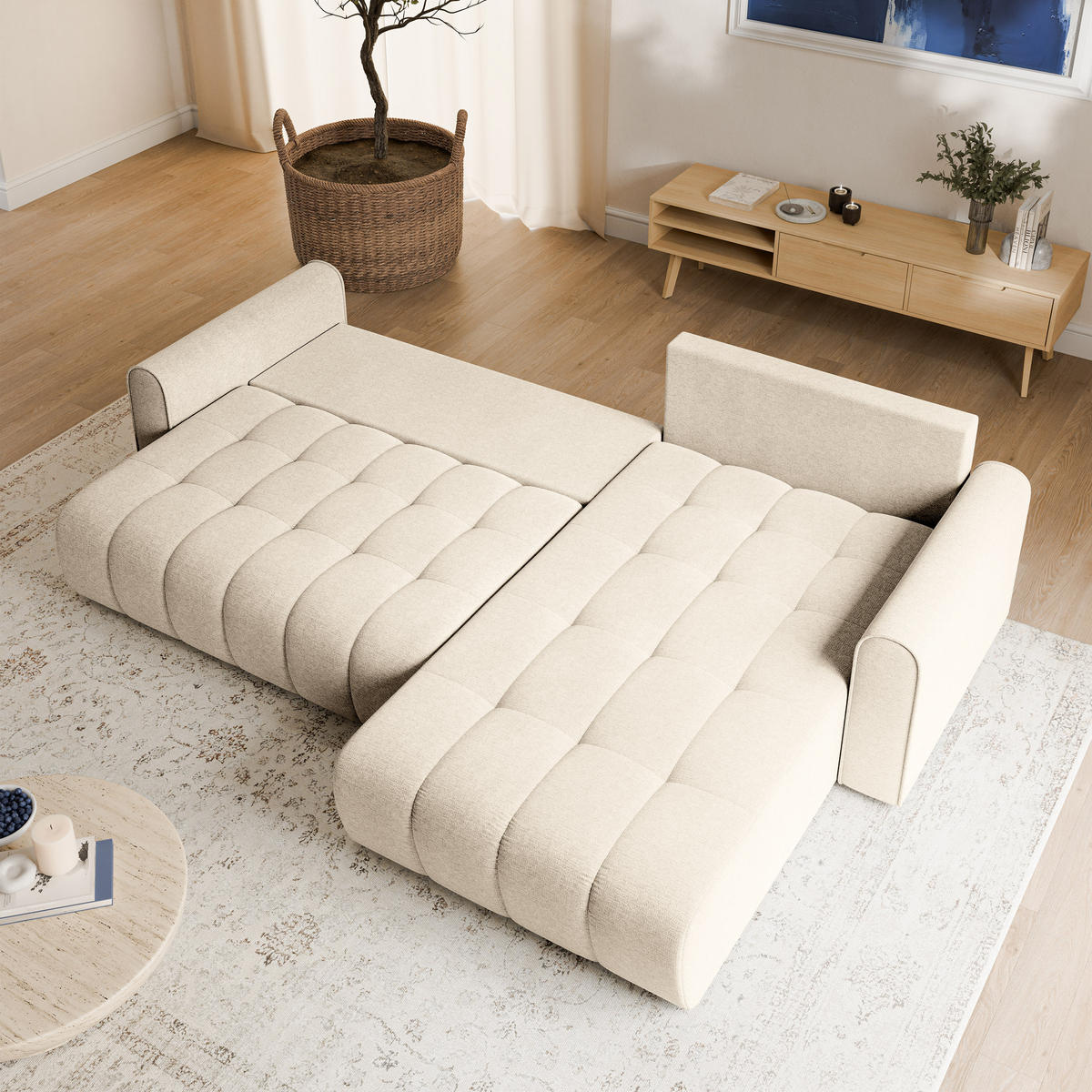ECKSOFA FRIGA Creme Strukturstoff mit Schlaffunktion - Creme, Holz (283/185cm) - MASSENO