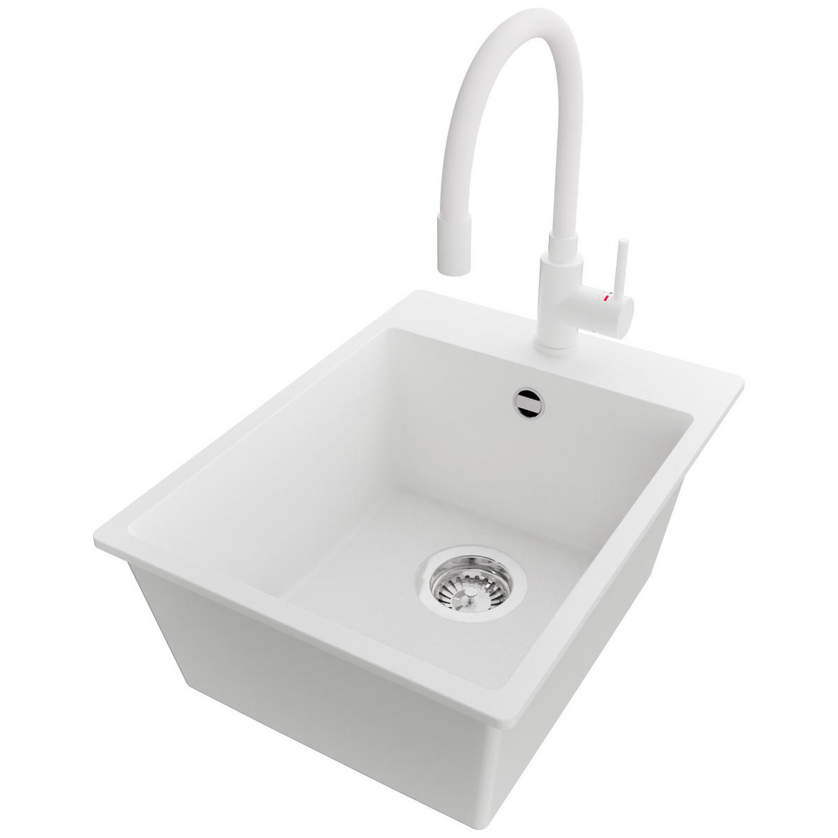 GRANITSPÜLE Riga, 2-er set Weiß 38/50 cm 1 Becken + Küchenarmatur 38/14 cm + Ablauf-Set ab 40er Unterschrank - Chromfarben/Weiß, Kunststoff (38/20/50cm) - Primagran