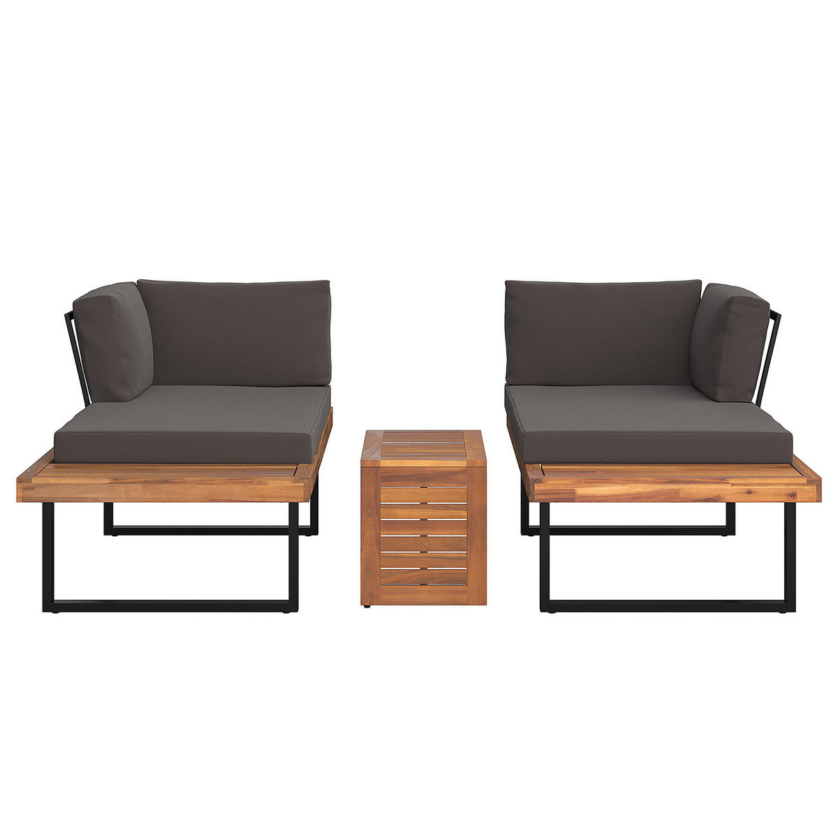 LOUNGESET - Akazie massiv / Polyester - Braun / Grau - 3-teilig - Grau, Holz/Textil - home24