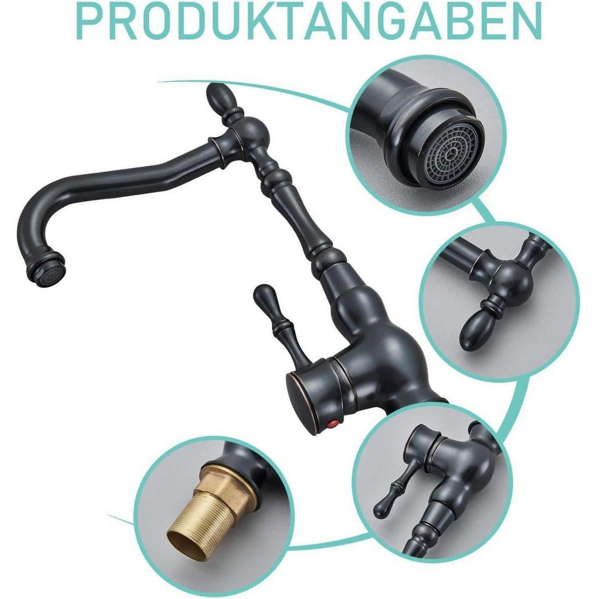 WASCHTISCHARMATUR Einhebelmischer Schwarz Antik 360° schwenkbar - Schwarz, Metall (4/31/17cm)