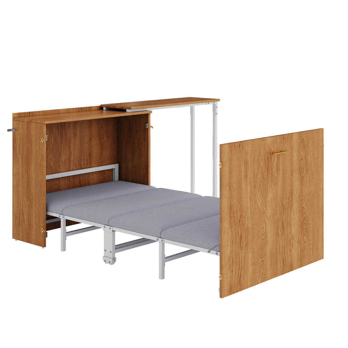 SCHRANKBETT 90/200 cm in Natur mit drehbarem Schreibtisch, Rollen und Matratze - Naturfarben, Holzwerkstoff/Metall (90/200cm) - WISHDOR
