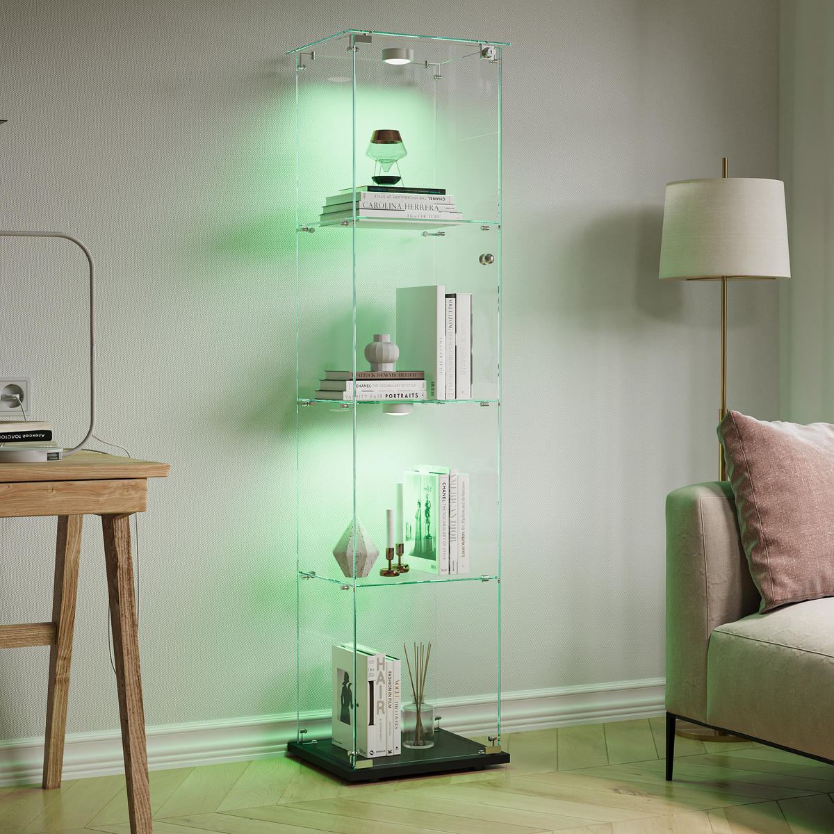 VITRINE Glas LED, 4 Regale, mit Schloss, für Wohn-, Schlaf & Esszimmer - Schwarz, Holz (35/163/39.8cm)