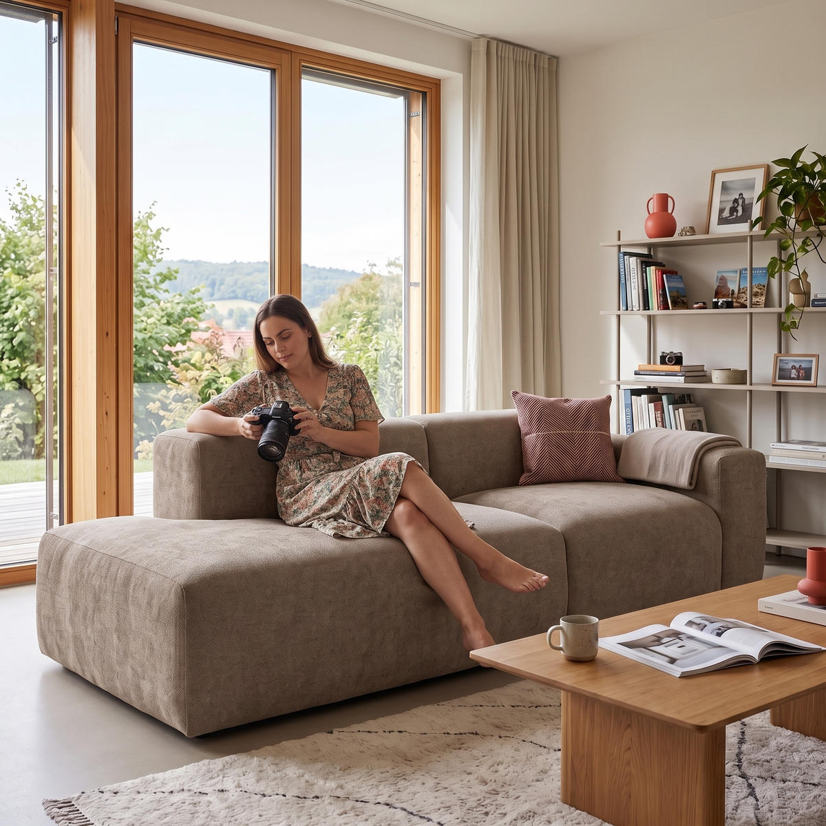 3-SITZER modulares Sofa HEAVEN SET 1 Links, Breite 255 cm Webstoff Braun - Schwarz/Braun, Holz/Kunststoff (255/71/102cm) - Muffo