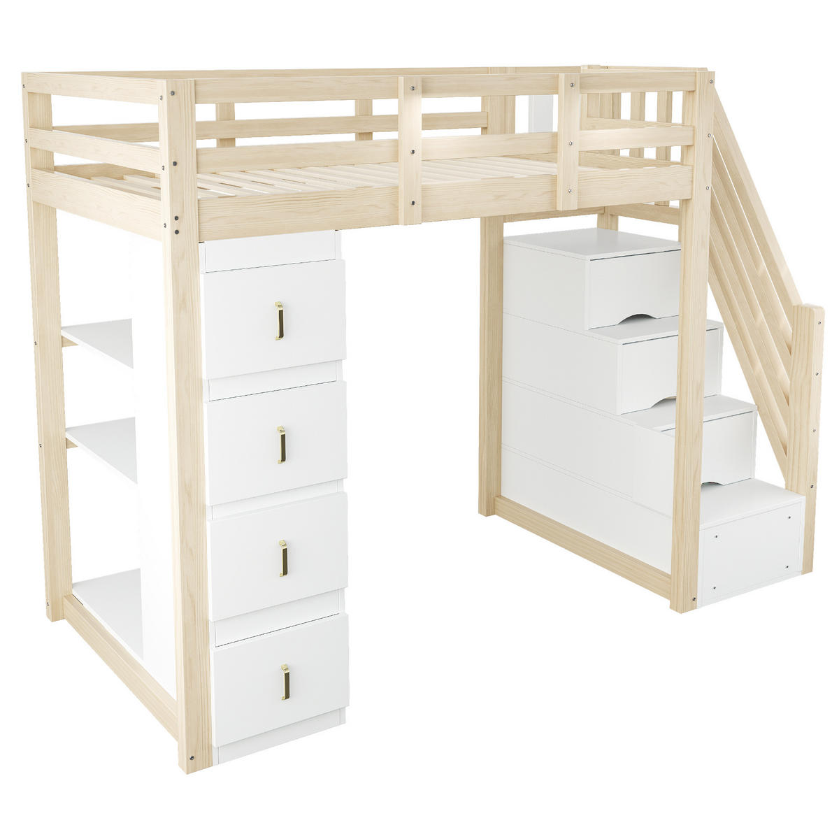 HOCHBETT 90/200 cm in Naturholz mit 4 Schubladen, Regal und Sicherheitsleiter - Weiß/Naturfarben, Holz/Holzwerkstoff (90/200cm) - WISHDOR