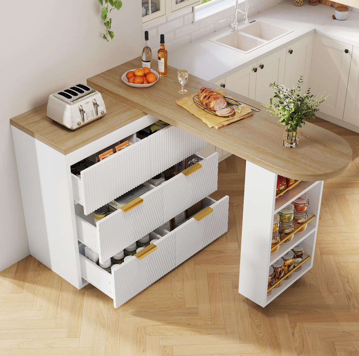 BARTISCH 128-203/39/90 cm in Weiß mit 6 Schubladen und drehbaren Modulen - Weiß, Holzwerkstoff (39/203/90cm) - BEAOK