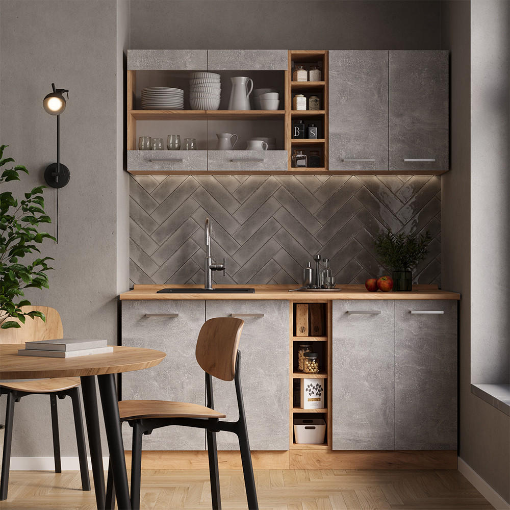 SINGLEKÜCHE R-Line Beton/Goldkraft Eiche 160 cm ohne Arbeitsplatte - Honigeiche/Schieferfarben, Holzwerkstoff (160/81.6/46cm) - Vicco