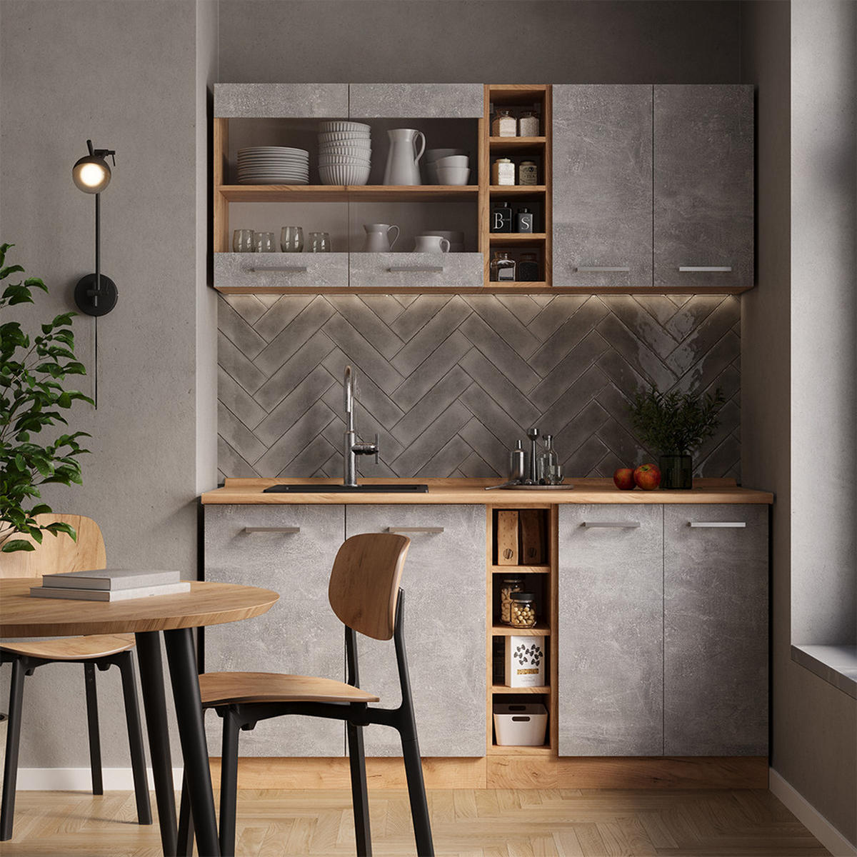 SINGLEKÜCHE R-Line Beton/Goldkraft Eiche 160 cm ohne Arbeitsplatte - Schieferfarben/Eiche Wotan, Holzwerkstoff (160/81.6/46cm) - Vicco