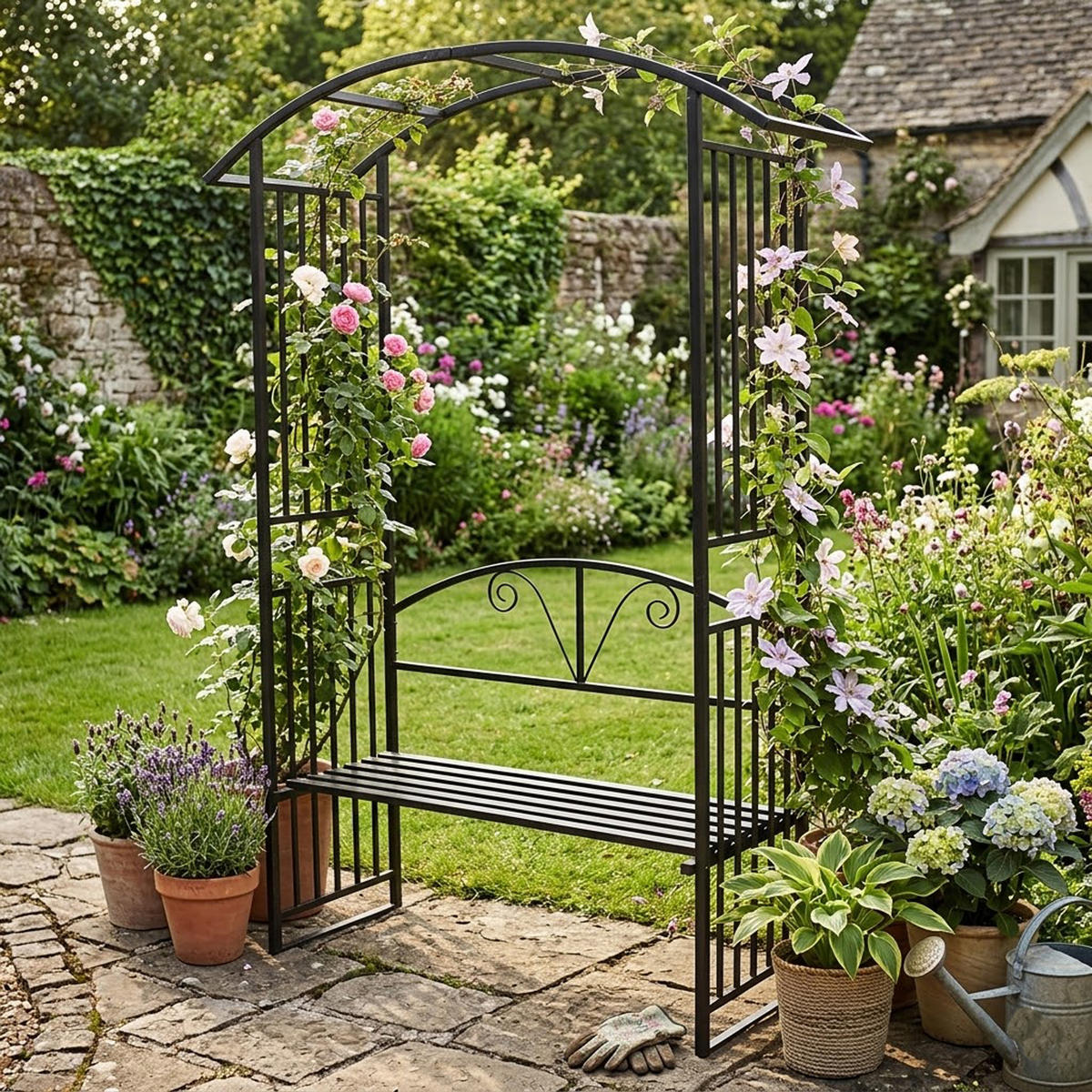 ROSENBOGEN Burton - Rankhilfe mit geschwungenem Oberteil und integrierter Sitzbank für 2 Personen. BxTxH: 150x50x230 cm - Schwarz, Metall (150/230/50cm) - TPFGarden