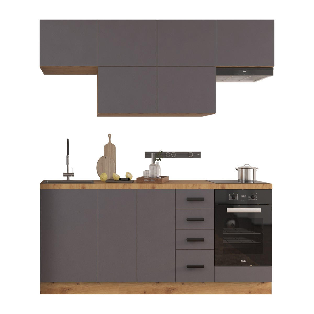 KÜCHENZEILE 240 - Langen KL2-M240 in Grau/Matt - Schwarz/Grau, Holz/Metall (240/212/58cm)