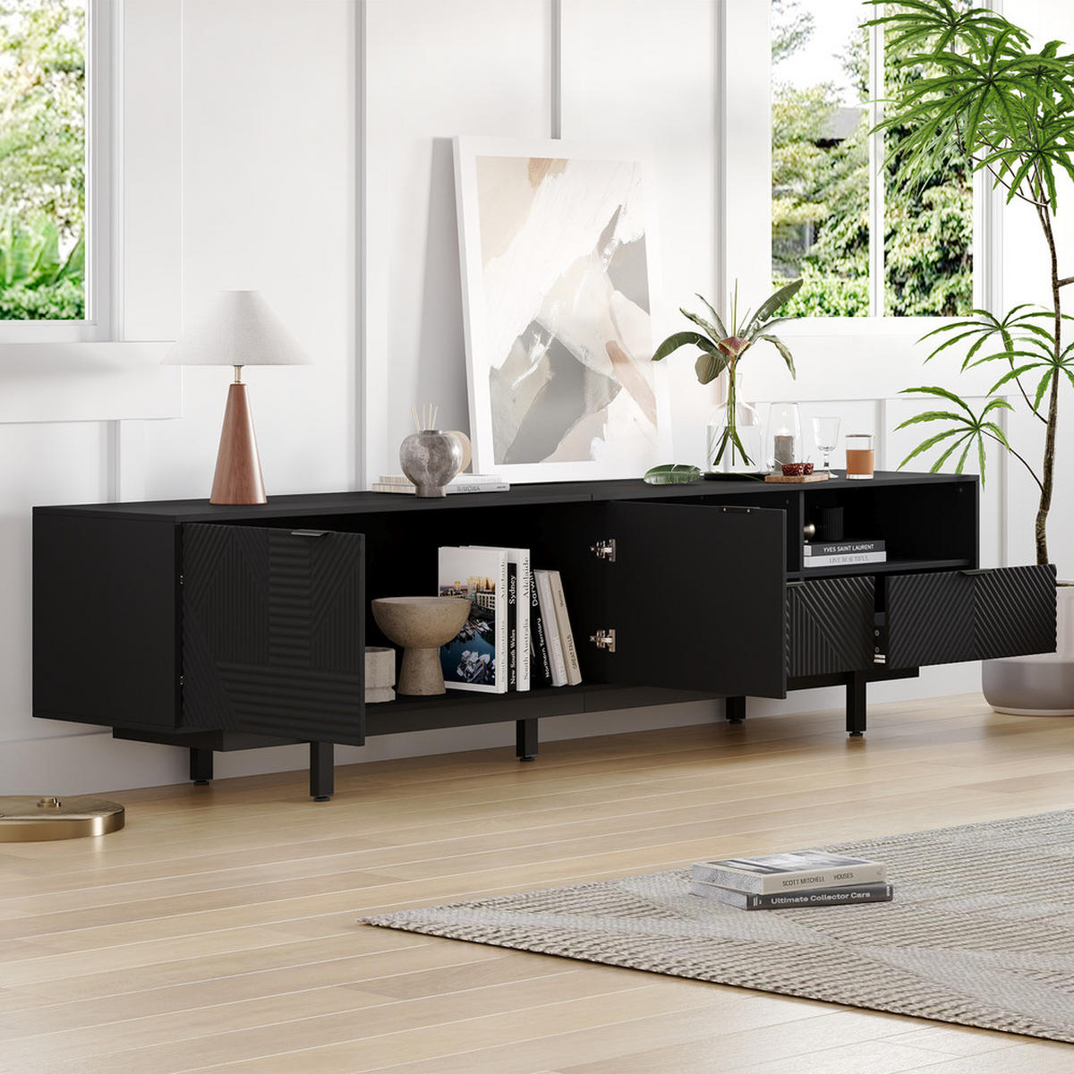 TV-SCHRANK 200x40cm Modern abstrakte Linien Stauraum Schwarz bis 90 Zoll - Schwarz, Holz (52.07/12.19/115.06cm) - FLIEKS