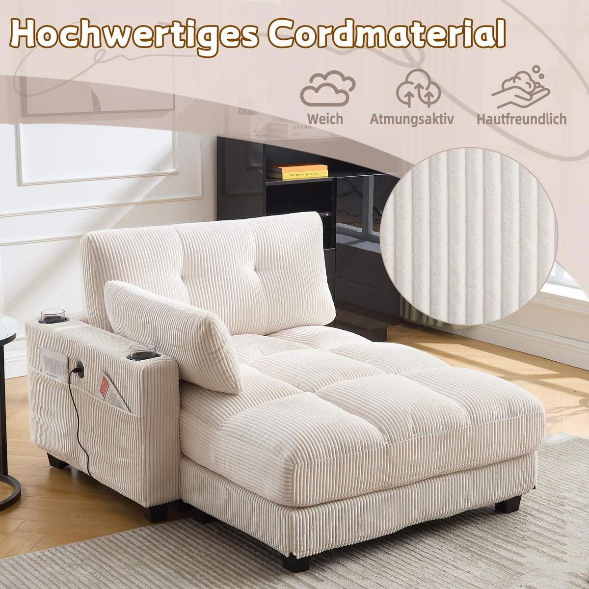 RÉCAMIERE Cord Beige mit USB, Getränkehaltern und Seitentasche - Beige, Holzwerkstoff/Kunststoff (140/81/121cm) - WISHDOR