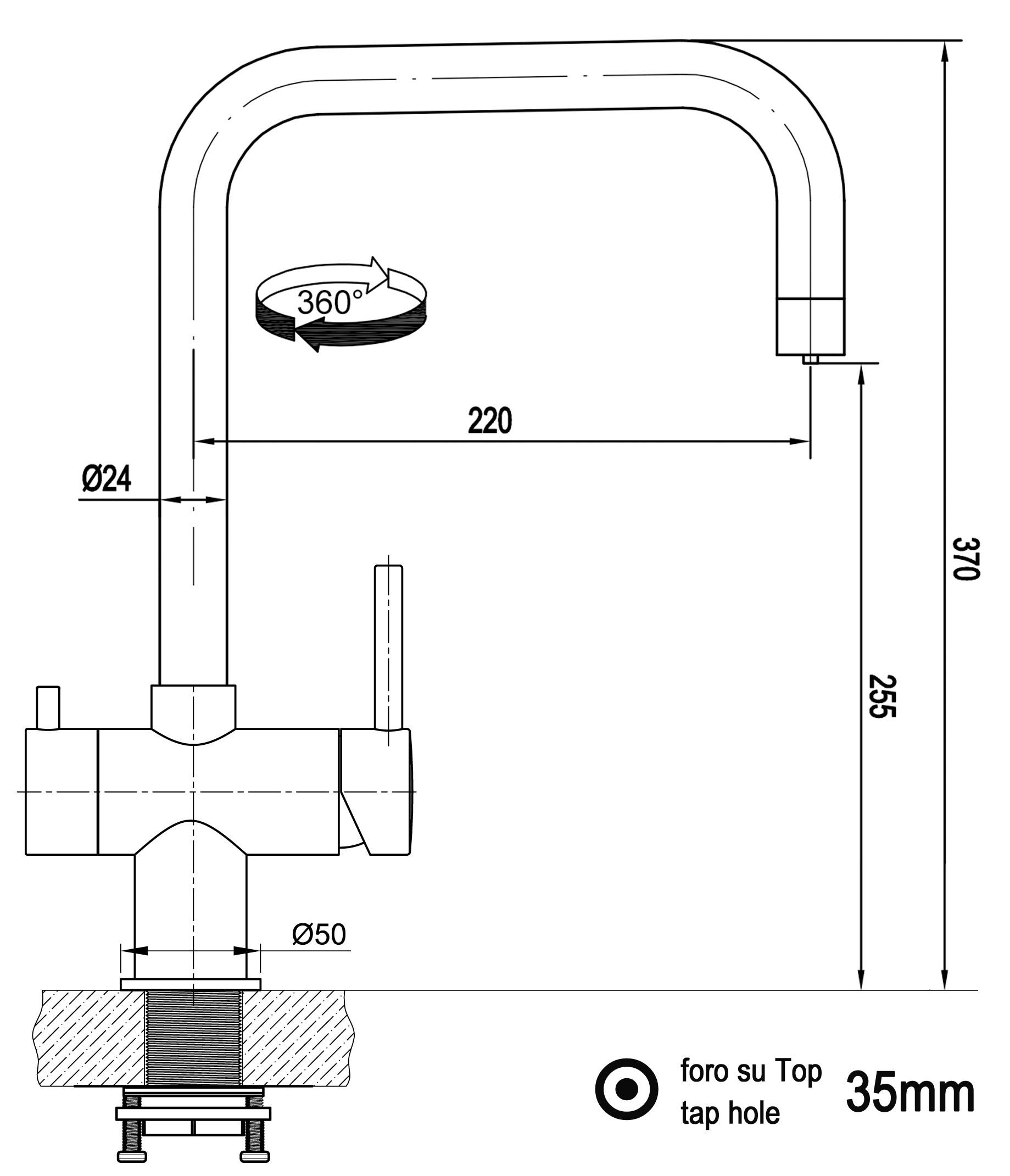 NIEDERDRUCK-3-WEGE-KÜCHENARMATUR, Edelstahl Massiv aus Chirurgenstahl, Gebürstet, 560° schwenkbar - Edelstahlfarben, Metall (22/37/22cm) - VIZIO