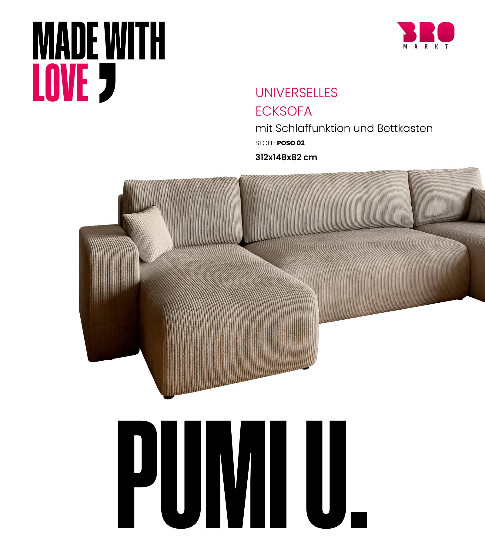 Thumbnail - Bromarkt Wohnlandschaft, Beige, Textil, U-Form, 312x82x148 cm, Wohnzimmer, Sofas & Couches, Wohnlandschaften, Wohnlandsc...