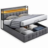 POLSTERBETT 160/200 cm, Grau, Leinen, mit Stauraum und USB-Ladefunktion - Naturfarben/Grau, Holz/Metall (160/200cm) - FURNISHINGS HOME