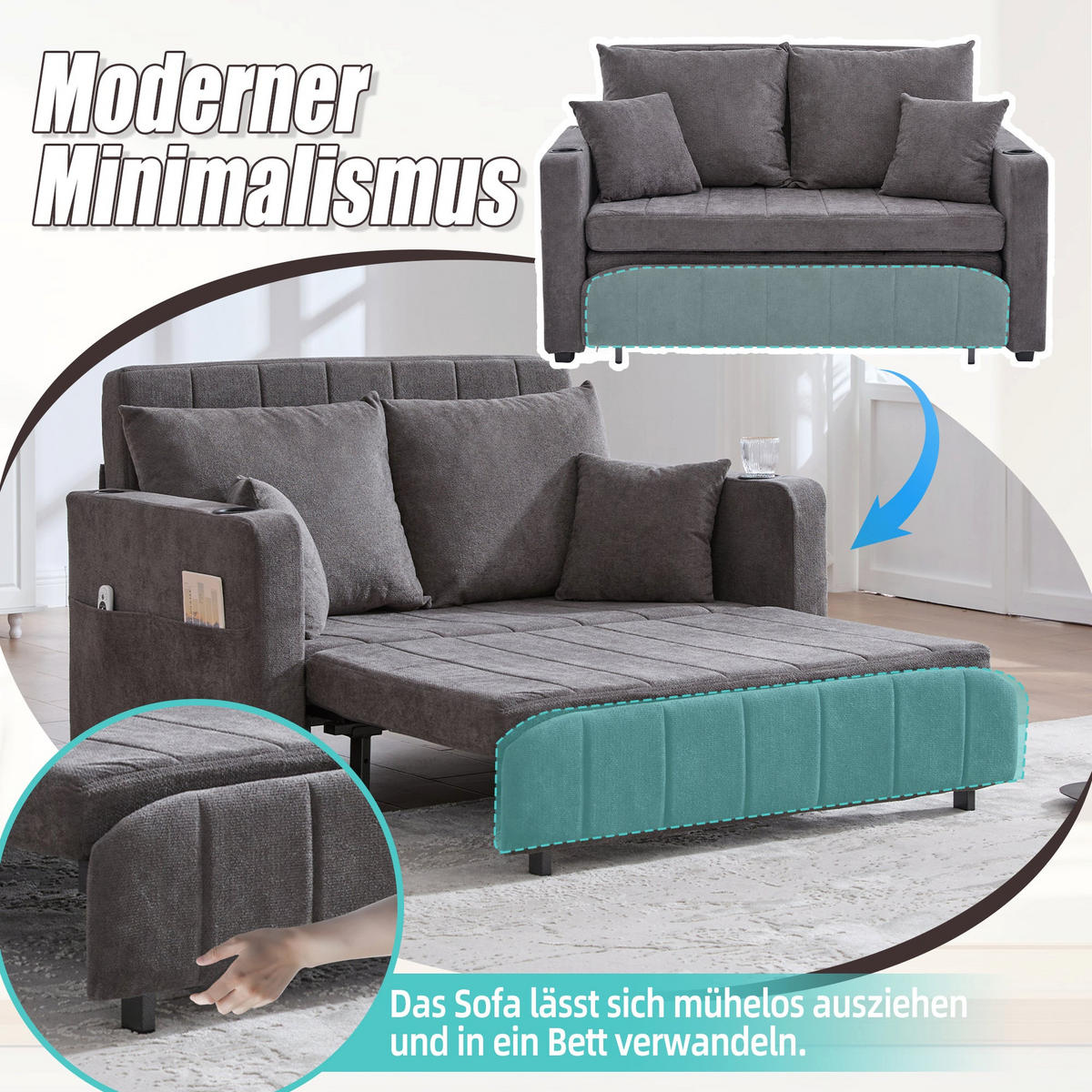 SCHLAFSOFA aus chenille mit bettfunktion, usb-anschluss & becherhaltern - Grau, Textil (139/83/73cm) - Urban Meuble