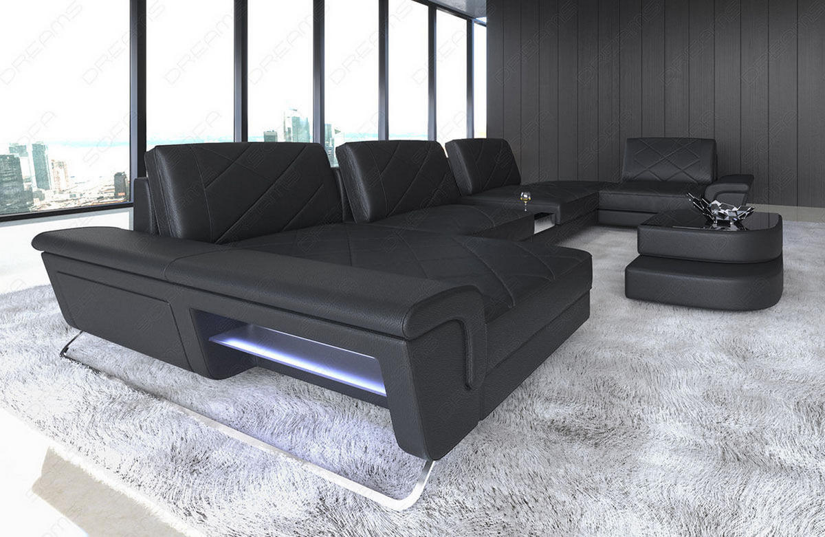 WOHNLANDSCHAFT Bari U - Schwarz, Leder (456/89/243cm) - Sofa Dreams