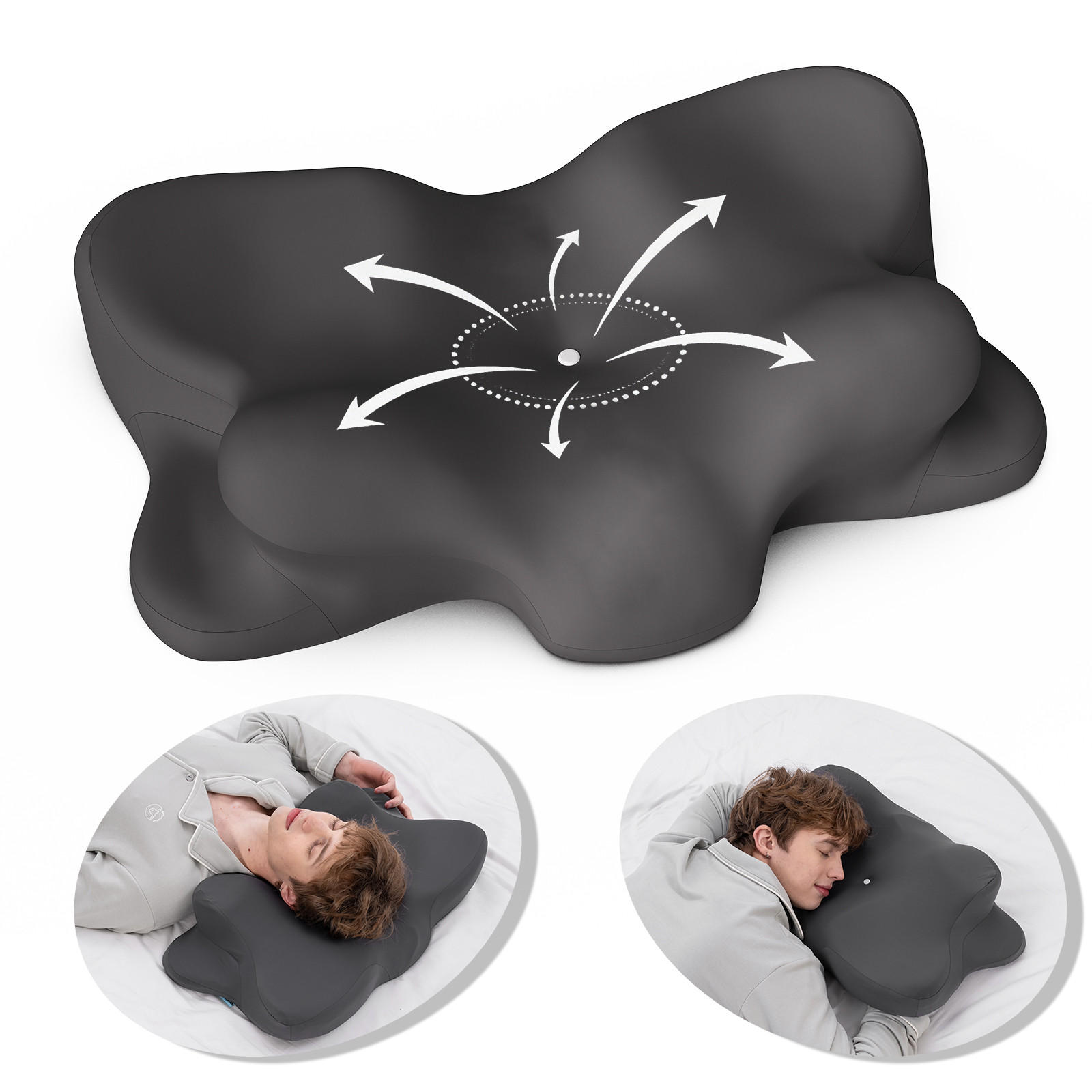SCHMETTERLINGSKISSEN Memory-Schaum Modell (ergonomisch) Grau 65×41 cm OEKO-TEX® zertifiziert Vorderseite 8 cm / Rückseite 12 cm - Grau, Textil (41/65cm) - CHICASA