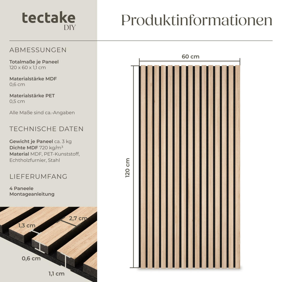 AKUSTIKPANEELE 4er Set Sonic Wall Iii, je 120 x 60 x 1,1 cm, Größe flexibel anpassbar, Eiche hell - Eichefarben, Holz (60/1.1/120cm) - tectake