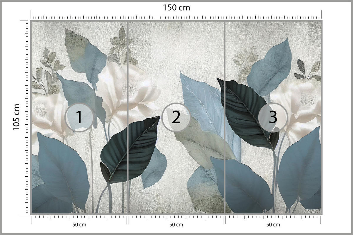 FOTOTAPETA Pre Obývaciu Izbu Modré Listy Betón Vintage Minimalistická 150 x 105 cm - sivá, papier (150/105cm) - Muralo