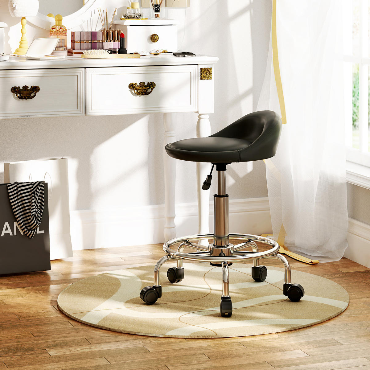 ROLLHOCKER höhenverstellbar mit Rückenlehne Drehhocker 59-75 cm Arbeitshocker - Schwarz, Kunststoff (43/75/43cm) - HOMCOM