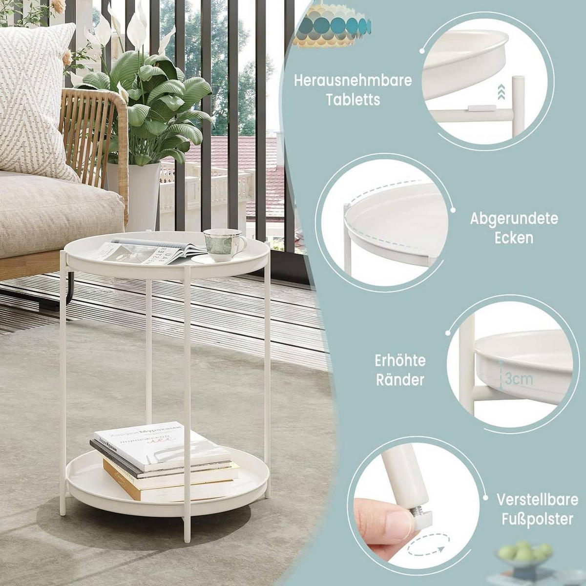 COUCHTISCH rund, mit Stauraum, Metall, Creme - Creme, Metall (44/44/53cm) - Woltu