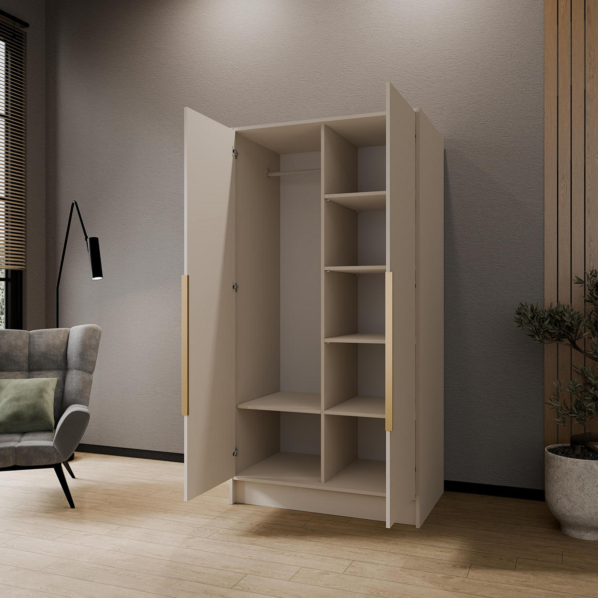DREHTÜRENSCHRANK RENVO 102/200/51 cm Modern Kleiderschrank 2-türig mit Spiegel Kaschmir - Kaschmir, Holzwerkstoff (102/200/51cm) - MASSENO