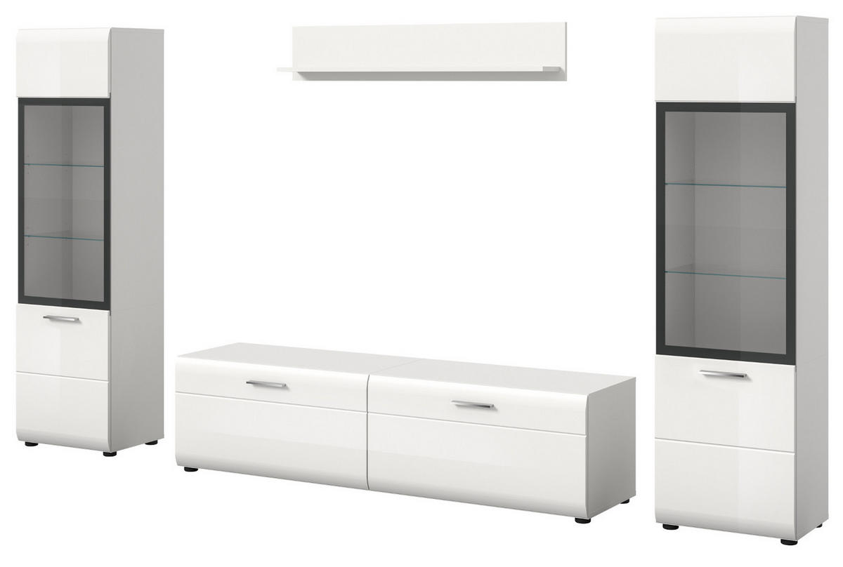 WOHNWAND weiß Hochglanz 4-teilig 280 cm, Schrankwand mit 2 Vitrinen - Weiß Hochglanz/Silberfarben, Glas/Holzwerkstoff (280/160/41cm) - Inn.Furn