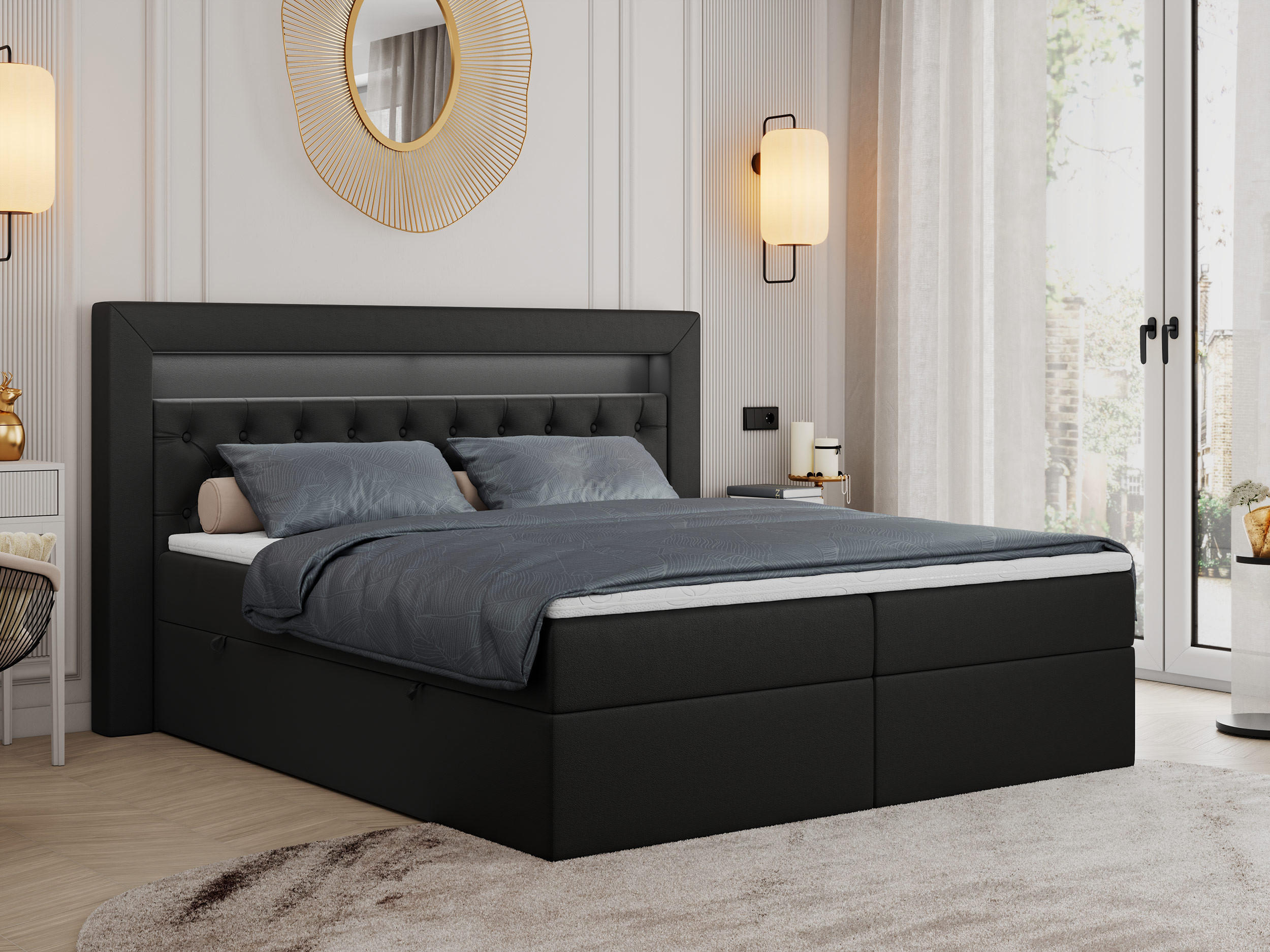 BOXBETT GOLD-6 LED 120/200 Schwarz Kunstleder - H3 - Schwarz, Holz/Textil (120/200cm) - MKS