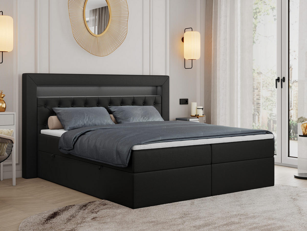 BOXBETT GOLD-6 LED 160/200 Schwarz Kunstleder - H3 - Schwarz, Holz/Textil (160/200cm) - MKS