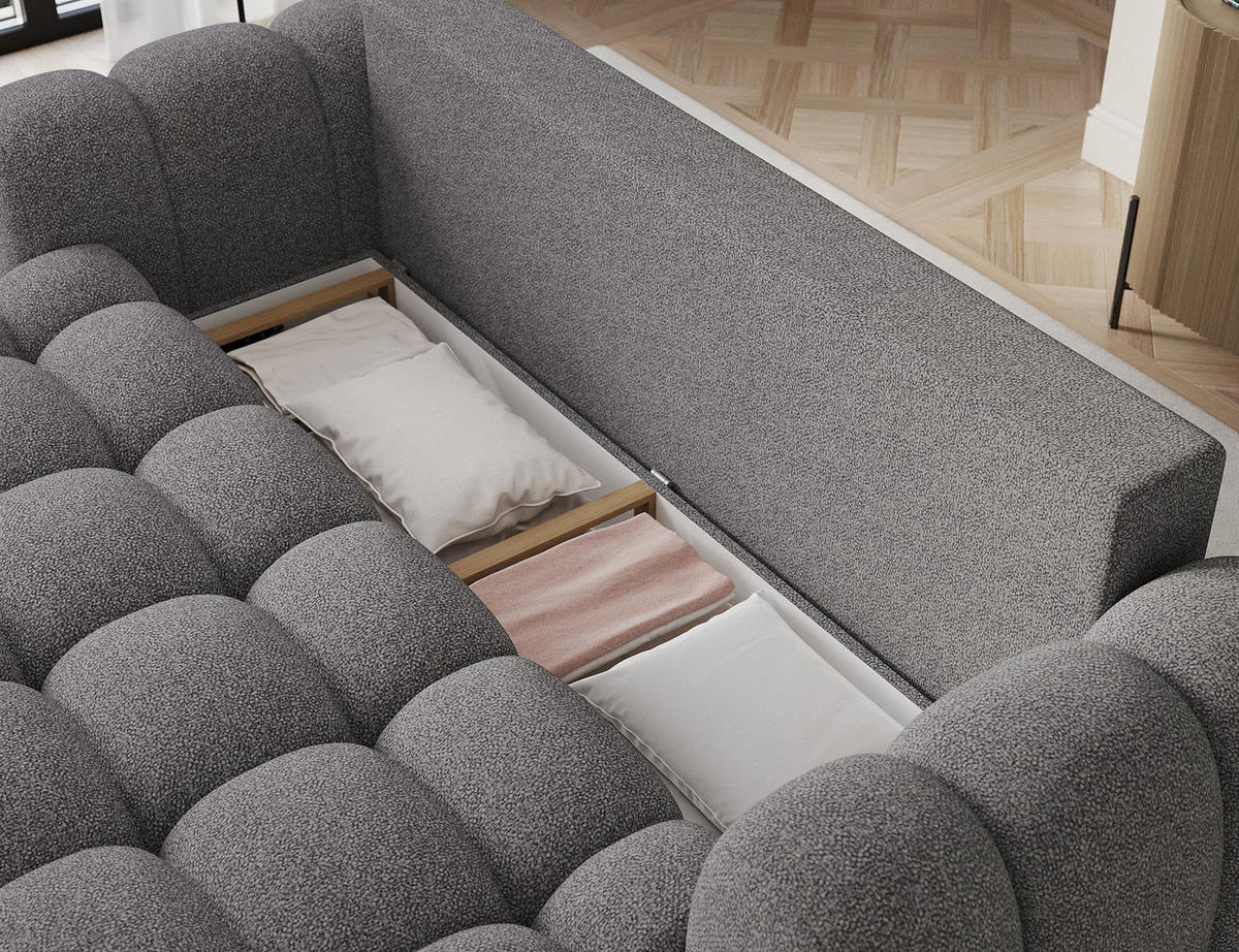 SCHLAFSOFA COTONN 256 cm – Modernes 3-Sitzer Sofa mit Schlaffunktion, Bettkasten und Dekokissen - Grau, Kunststoff (256/119/105cm) - Wohnideebilder