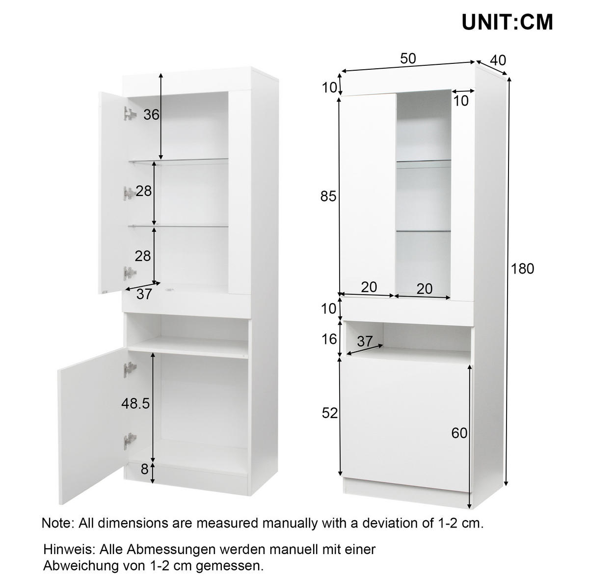VITRINE 50/40/180 cm Weiß aus Spanplatte mit LED-Beleuchtung - Weiß, Holzwerkstoff (40/180/50cm) - OKMYHOME