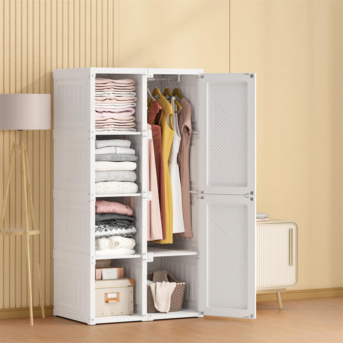 KLEIDERSCHRANK - Faltbarer Kleiderschrank mit Türen - 5 Fächer und 1 Kleiderstange - Montagefrei - Weiß - Weiß, Kunststoff (50/136/69cm) - DELFA