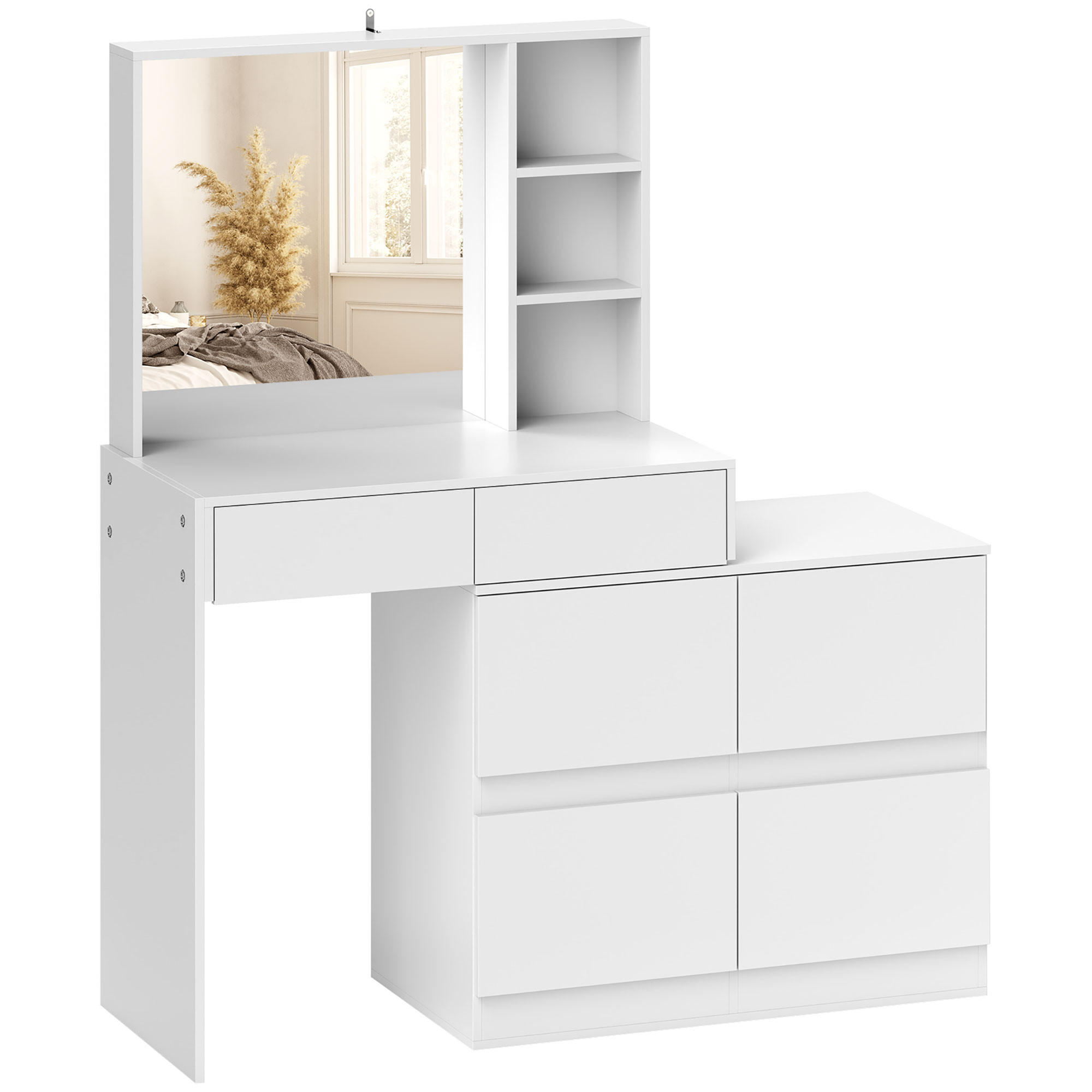 SCHMINKTISCH Kosmetiktisch mit Spiegel, 4 Schubladen, 3 offene Ablagen, Weiß - Weiß, Holzwerkstoff (38.5/122.5/71.3cm) - HOMCOM