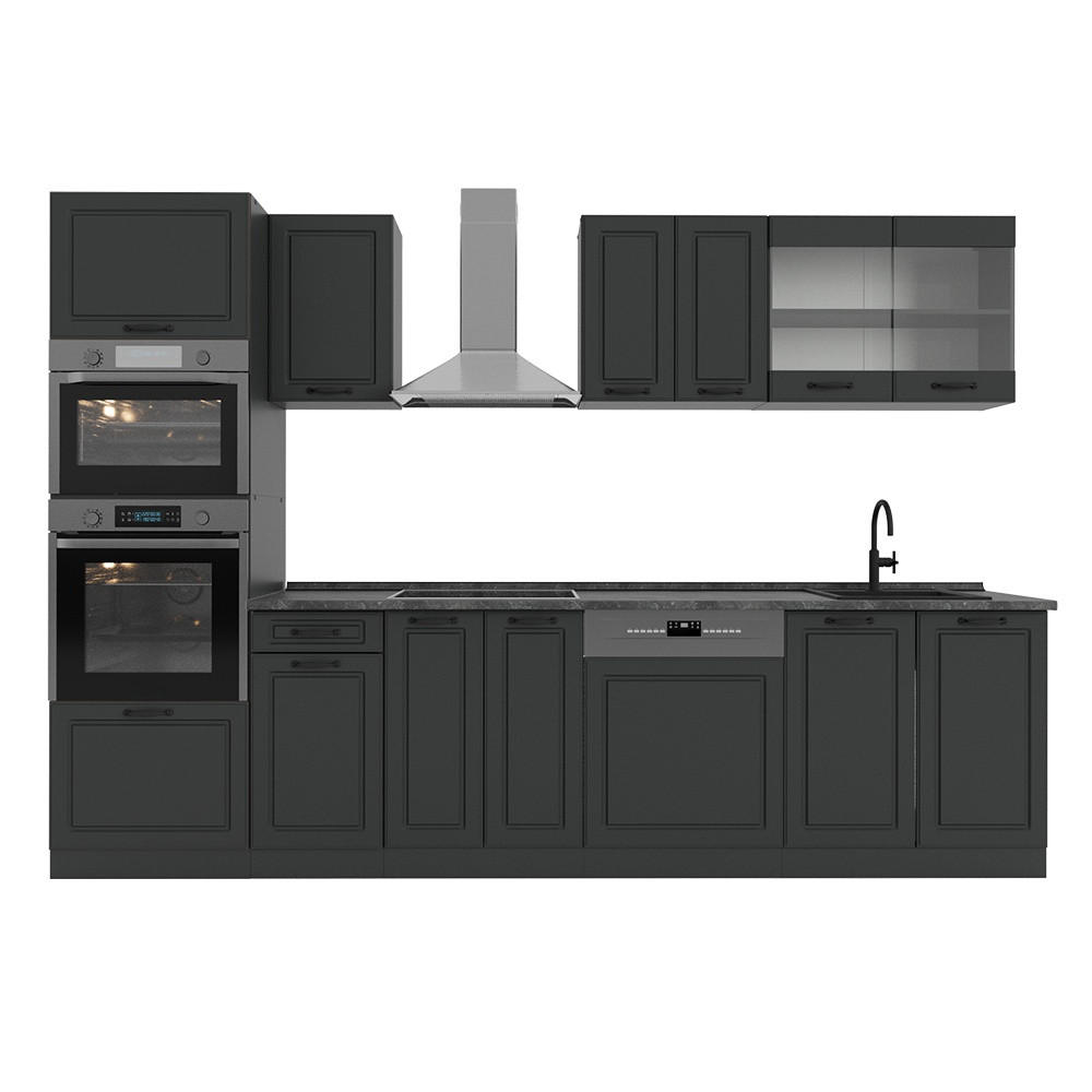 KÜCHENZEILE R-Line Anthrazit Landhaus 300 cm mit Hochschrank, ohne Arbeitsplatte - Anthrazit, Holzwerkstoff (300/206.8/46cm) - Vicco