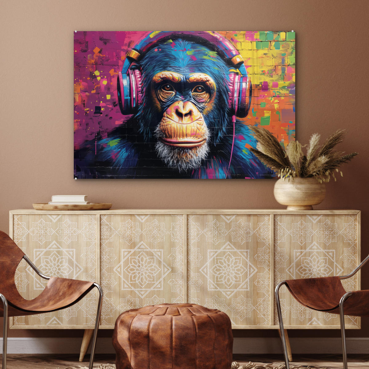 ACRYLGLASBILD Graffiti - Schimpanse - Straßenkunst - Kopfhörer - Affe 90x60 cm - Blau, Glas (90/60cm) - MuchoWow