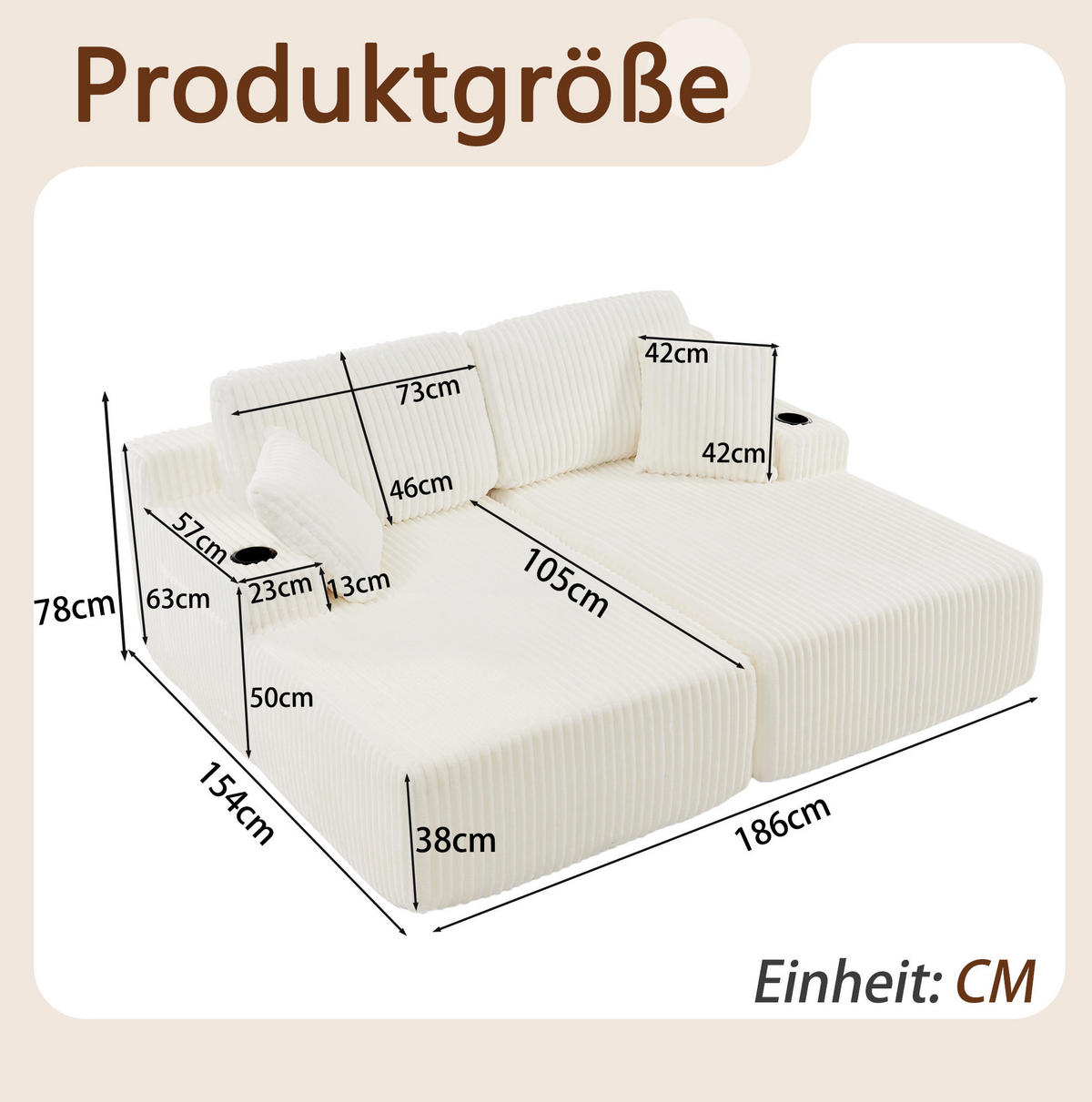 SCHLAFSOFA mit Relaxfunktion, Kordstoff, mit Seitentasche, Getränkehalter und abnehmbaren Kissen, Beige - Beige, Kunststoff (186/78/154cm) - Redom