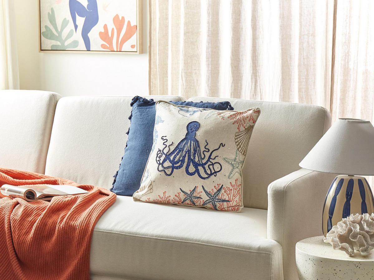 DEKOKISSEN Beige 45/45 cm Acropora - Blau/Beige, Textil (45/45/10cm) - Beliani