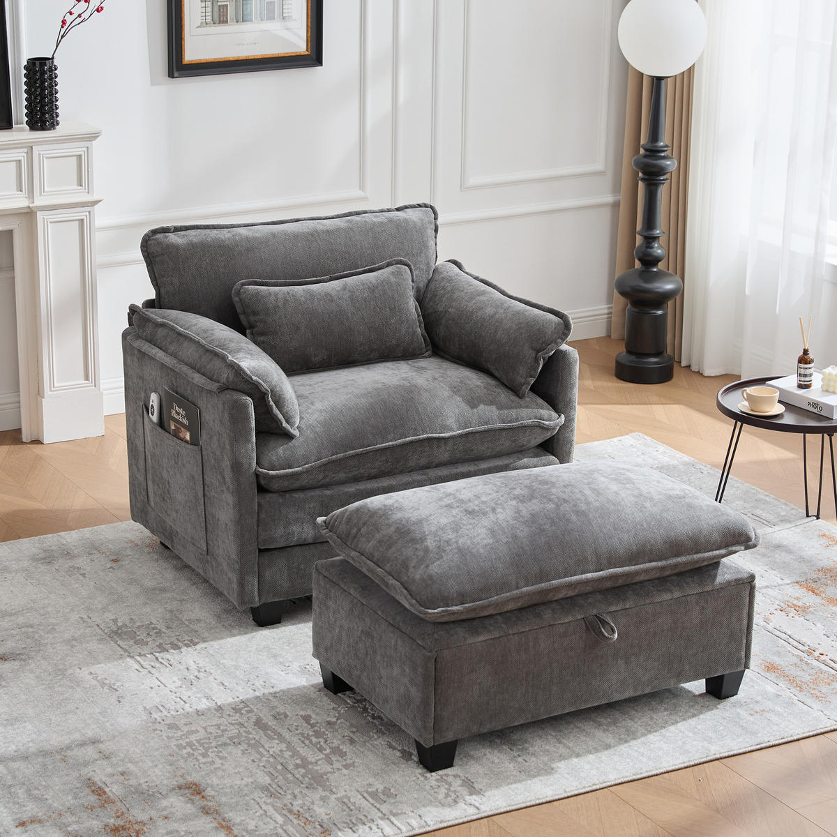 SOFASESSEL mit Hocker und Stauraum in Samt, 103 / 85 / 91 cm - Grau, Textil (85/91/103cm) - PARAFTA HOME