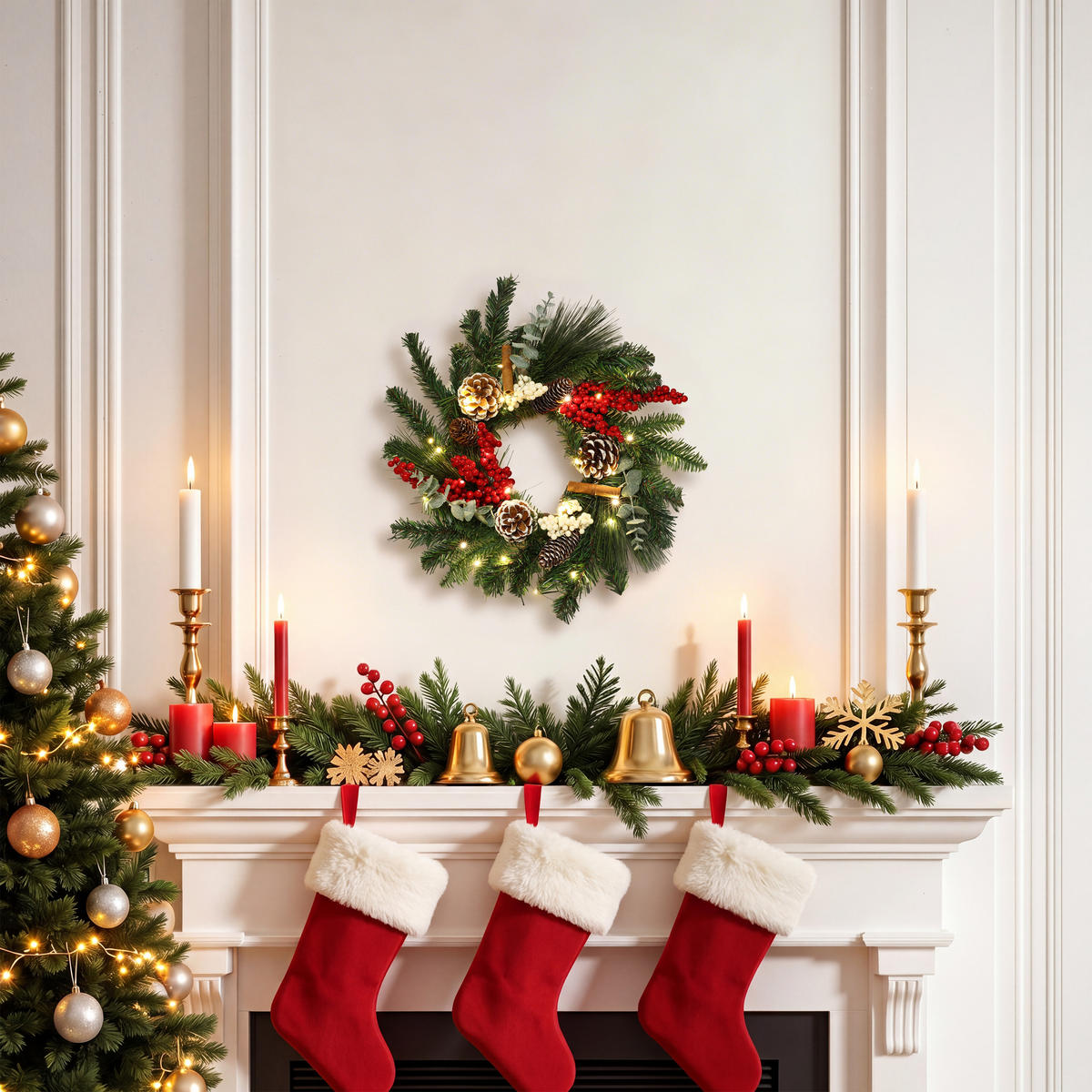 WEIHNACHTSKRANZ mit LED Beleuchtung & Timer - Dunkelgrün, Naturmaterialien (40cm) - Hometopia