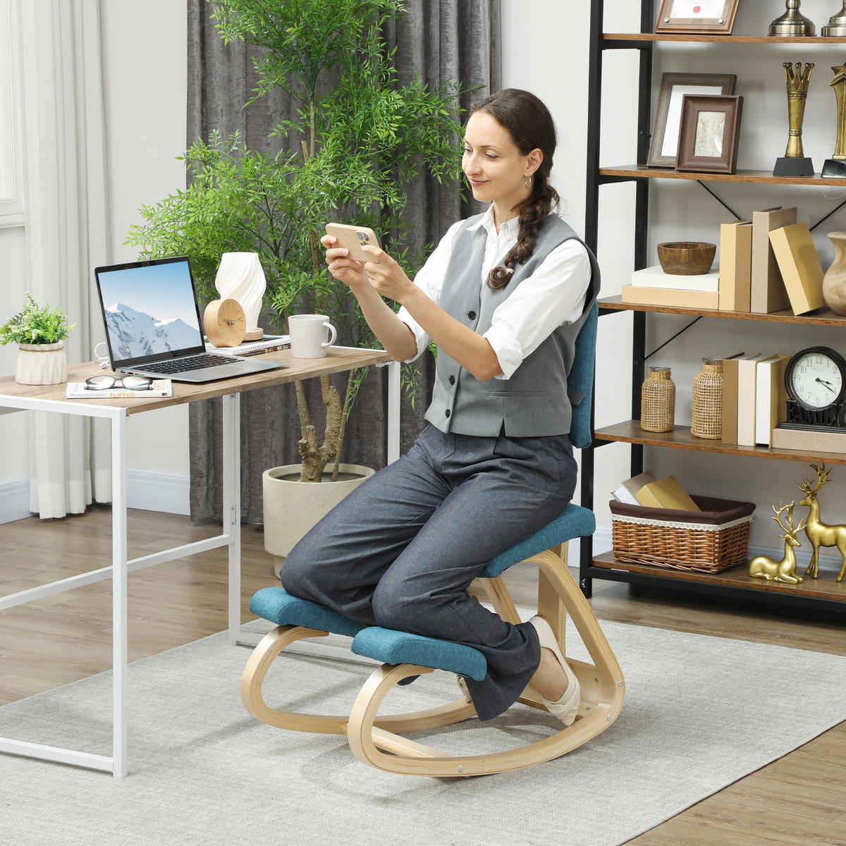 KNIESTUHL Birkenholz Polyester Blau - Blau, Holz (51/93/84cm) - HOMCOM