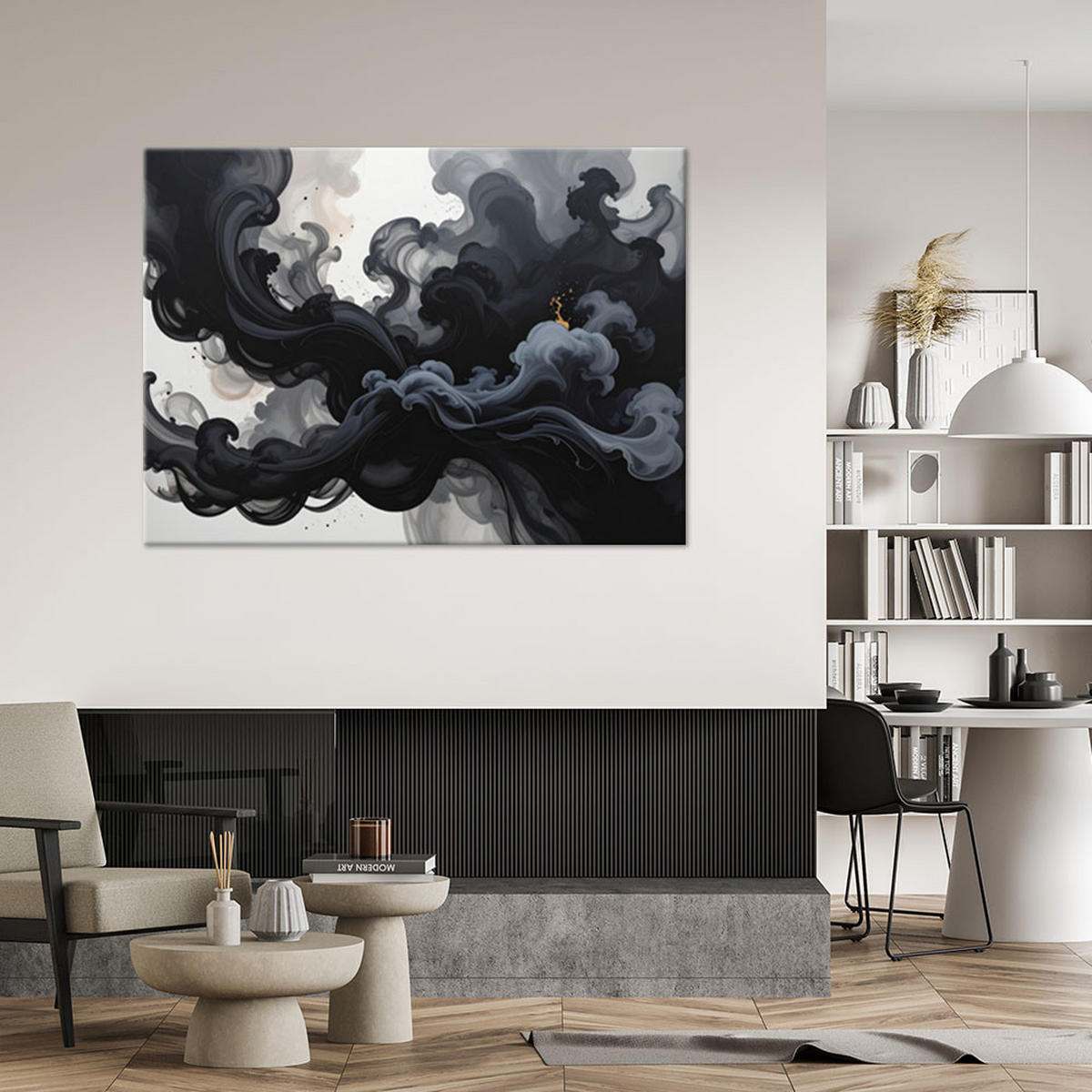 LEINWANDBILD, Schwarzer Rauch Nebel abstrakt - Schwarz, Textil (120/80cm) - Feeby